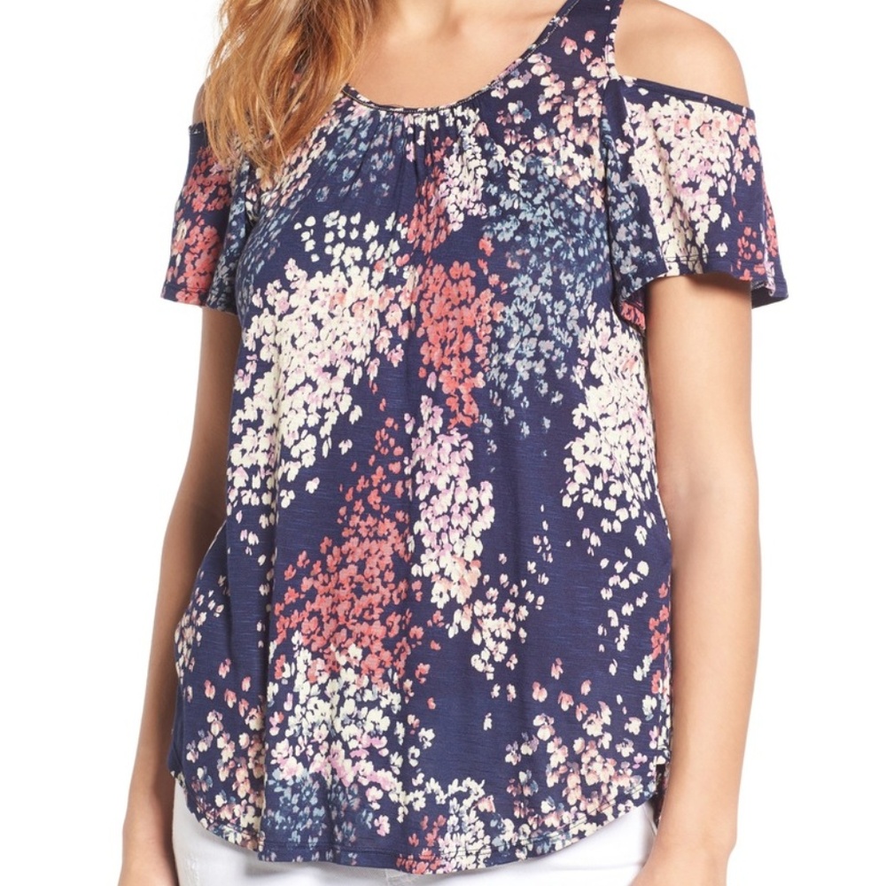 Lucky Brand Cold Shoulder Top Navy Floral Sz S